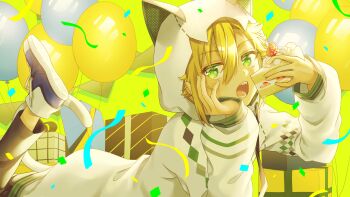 1boy absurdres animal_ears animal_hood balloon blonde_hair blue_shoes box cake cat_ears cat_hood cat_tail confetti drawstring eating elbow_rest fake_animal_ears fake_tail flipped_hair food from_side gift gift_box green_background green_eyes green_hoodie grey_pants hair_between_eyes hand_on_own_cheek hand_on_own_face head_rest highres hina_(hinalovesugita) holding holding_cake holding_food hood hood_up hoodie long_sleeves looking_at_viewer lying male_focus nijisanji no_socks on_stomach open_mouth pants polka_dot polka_dot_hoodie shoes short_hair sidelocks sneakers solo strawberry_shortcake tail the_pose two-sided_fabric uzuki_kou uzuki_kou_(2nd_costume) virtual_youtuber white_hoodie