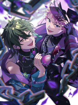 Rule 34 | 2boys, adjusting clothes, adjusting headwear, arm up, bead necklace, beads, black gloves, blue eyes, chain, chain necklace, commentary, ensemble stars!, fang, feature scout 2 (ensemble stars!), fingerless gloves, fingernails, gloves, green hair, hair between eyes, hashtag-only commentary, heterochromia, highres, itsuki shu, jewelry, kagehira mika, long sleeves, looking at viewer, male focus, multiple boys, multiple necklaces, nail polish, necklace, official alternate costume, open mouth, pink hair, protected link, purple eyes, purple nails, safety pin, short hair, smile, spikes, tu (tu lip003), twitter username, valkyrie (ensemble stars!), vanquish (ensemble stars!), yellow eyes