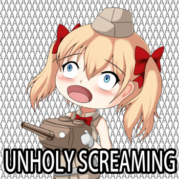 Rule 34 | 1girl, absurdres, bare arms, bare shoulders, blonde hair, blue eyes, blush, bow, bowtie, brown hat, brown shirt, brown skirt, cannon, collared shirt, english text, enpa arashi, female focus, gloves, hair between eyes, hair bow, hat, highres, holding, holding weapon, image macro (meme), long hair, looking up, meme, military, military uniform, open mouth, panzer waltz, pleated skirt, red bow, red bowtie, screaming, shirt, skirt, sleeveless, sleeveless shirt, solo, standing, turret, twintails, wall of text, weapon, white gloves, wide-eyed, zoe sherman