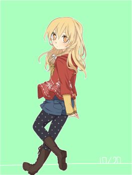 Rule 34 | 1girl, alternate costume, arms behind back, black pantyhose, blonde hair, blue shorts, boots, bow, braid, brown boots, commentary request, contemporary, green background, hair bow, interlocked fingers, kirisame marisa, lace-up boots, long sleeves, looking at viewer, no headwear, own hands together, pantyhose, red shirt, shirt, shorts, side braid, single braid, solo, touhou, tsuno no hito, white bow, yellow eyes