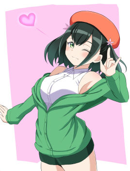 /m/ 1girl bad_girl_(manga) black_hair blush breasts closed_mouth dot_nose feet_out_of_frame female_focus green_eyes hair_between_eyes hat heart legs long_sleeves looking_at_viewer medium_breasts medium_hair one_eye_closed ruriha_rura shirt smile solo standing white_shirt wink