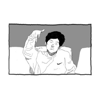 1boy border closed_mouth commentary_request constricted_pupils frown gang_sign greyscale hand_up head_tilt long_sleeves looking_at_viewer male_focus monochrome neon_genesis_evangelion nike_(company) ootomo_katsuhiro_(style) real_life scene_reference short_hair solo sweater the_end_of_evangelion theater_seating tora0820 upper_body