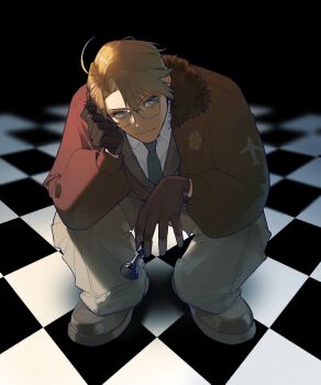 1boy ahoge america_(hetalia) axis_powers_hetalia between_fingers black_background black_gloves black_shoes blonde_hair blue_eyes brown_jacket checkered_floor chess_piece closed_mouth collared_shirt commentary fur-trimmed_jacket fur_trim glasses gloves green_necktie grey-framed_eyewear grey_jacket grey_pants hand_on_own_face hand_up highres holding holding_chess_piece jacket lapels long_sleeves looking_at_viewer male_focus military military_jacket military_uniform necktie open_clothes open_jacket pants puffy_long_sleeves puffy_sleeves shadow shirt shoes short_hair simple_background simple_syrup smile solo squatting star_(symbol) star_print symbol-only_commentary white_shirt