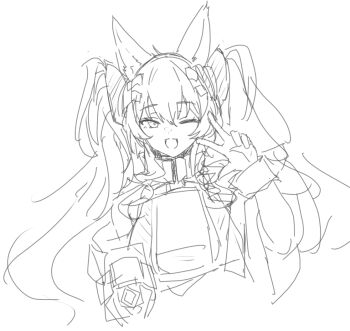 1girl :d angelina_(arknights) animal_ears arknights arknights:_endfield belt dot_nose fox_ears fox_girl gilberta_(arknights) greyscale hair_between_eyes high_belt high_collar long_hair long_sleeves looking_at_viewer monochrome one_eye_closed open_mouth simple_background sketch smile solo twintails upper_body w white_background yu-ves