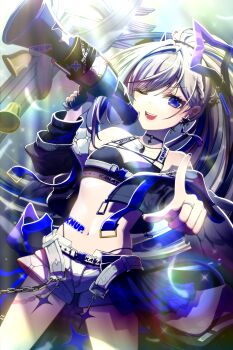 1girl absurdres amane_kanata amane_kanata_(lock_on) belt black_choker black_sports_bra blush braid breasts choker collarbone colored_inner_hair commentary_request earrings grey_hair hair_between_eyes hair_ornament halo highres holding holding_megaphone hololive jewelry long_hair looking_at_viewer megaphone multicolored_hair multicolored_nails nail_art nail_polish navel official_alternate_costume official_alternate_hair_length official_alternate_hairstyle ogata_sai one_eye_closed open_mouth pink_streaks ponytail purple_eyes purple_hair purple_nails ring shirt single_hair_intake small_breasts smile solo sports_bra star_halo sticker_on_stomach streaked_hair virtual_youtuber