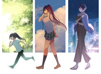 1girl ^_^ absurdres age_progression aged_down aged_up black_dress black_hair black_socks blue_jacket breasts brown_shoes building closed_eyes commentary_request dress green_necktie green_skirt highres idolmaster idolmaster_shiny_colors jacket jacket_on_shoulders kneehighs large_breasts loafers long_hair looking_ahead multiple_views necktie plaid_clothes plaid_skirt ponytail randompeeps running school_uniform shirase_sakuya shirt shoes short_hair skirt socks very_long_hair walking white_shirt