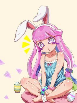 1girl :o alternate_costume animal_ear_hairband animal_ears ankle_garter bare_shoulders barefoot bead_bracelet beads blue_dress bracelet collarbone colored_eyelashes commentary_request dress drooling easter easter_egg egg fake_animal_ears flat_chest gradient_hair green_eyes green_hair hair_ornament hair_scrunchie hairband harmony_(splatoon) highres jewelry long_eyelashes long_hair mouth_drool multicolored_eyes multicolored_hair multicolored_scrunchie nintendo open_mouth pink_hair pink_scrunchie purple_eyes purple_hair purple_pupils rabbit_ears scrunchie sitting sleeveless sleeveless_dress solo splatoon_(series) t2ukmyjm tentacle_hair very_long_hair white_hairband wrist_scrunchie yellow_eyes