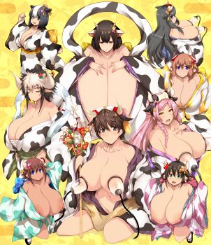 6+girls abstract_background absurdres ahoge animal_ears animal_print bandages bandages_around_chest bare_shoulders black_eyes black_hair blue_eyes blush breast_pump breasts brown_eyes brown_hair cathyl chinese_zodiac cleavage collarbone covered_erect_nipples cow_ears cow_girl cow_horns cow_print crossover dark-skinned_female dark_skin dot_nose expressionless facial_mark female_focus full_body gigantic_breasts green_eyes guinea hair_between_eyes hair_ornament half-closed_eyes happy head_tilt highres holstein_friesian_cattle_(kemono_friends) horns huge_breasts huge_filesize huge_nipples idolmaster idolmaster_cinderella_girls ishuzoku_reviewers japanese_clothes kemono_friends kimono kneeling lactation large_areolae large_breasts long_ears long_hair looking_back maoyuu_maou_yuusha milking_machine milky_(ishuzoku_reviewers) minotaur miru_holstein monster_musume_no_iru_nichijou multicolored_hair multiple_crossover multiple_girls new_year nipples no-rin no_bra oikawa_shizuku open_clothes open_kimono pink_hair plump pointy_ears profile puffy_nipples purple_eyes shiny_clothes shiny_skin short_hair sidelocks sitting size_difference smile togue_(ishuzoku_reviewers) trait_connection tsukasawa_takamatsu two-tone_hair uchi_no_hime-sama_ga_ichiban_kawaii ushichichi_(maoyuu) white_hair year_of_the_ox yokozuwari yoshida_kochou