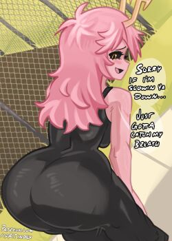 1girl ashido_mina ashido_mina_time-skip_(meme) ass blush boku_no_hero_academia commentary dress english_commentary fence highres horns moxydraws pink_hair smile solo talking