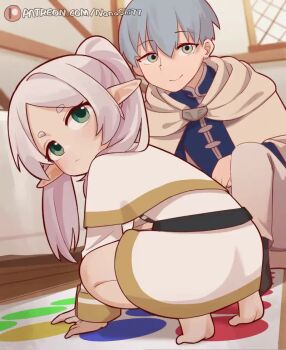 1boy 1girl all_fours animated barefoot black_socks blue_eyes blue_hair cape capelet closed_mouth constricted_pupils dress elf frieren green_eyes himmel_(sousou_no_frieren) indoors loli long_hair long_sleeves nanachides pants pointy_ears short_hair smile socks sousou_no_frieren surprised tagme toes twintails twister video white_cape white_capelet white_dress white_hair white_pants wide-eyed