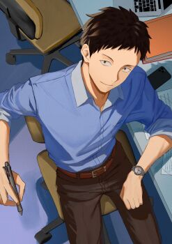 1boy bags_under_eyes belt black_eyes blue_shirt brown_hair brown_pants chair closed_mouth commentary_request computer highres holding holding_pen laptop looking_at_viewer magurosamm male_focus mature_male nijisanji on_chair pants pen salaryman shirt short_hair sitting solo swivel_chair virtual_youtuber watch wristwatch yashiro_kizuku