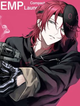 1boy 1zxn4 black_gloves black_hoodie english_text gloves green_eyes gun hair_bun half_updo hashtag-only_commentary highres holding holding_gun holding_weapon hood hoodie lauren_iroas long_sleeves male_focus mask mask_on_head medium_hair nijisanji parted_lips pink_background red_hair simple_background solo upper_body virtual_youtuber weapon