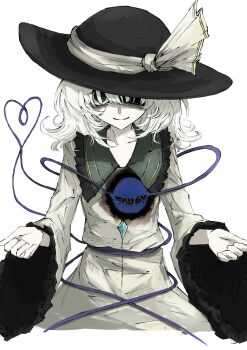 1girl absurdres aizettonagi bags_under_eyes black_hat buttons diamond_button eyeball frilled_shirt_collar frilled_sleeves frills green_eyes hat hat_ribbon heart heart_of_string highres komeiji_koishi ribbon shirt stitched_eye stitches third_eye touhou white_background white_hair wide_sleeves yellow_ribbon yellow_shirt