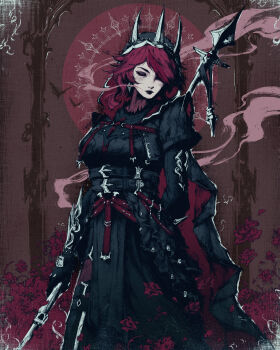 1girl akramness alternate_costume belt black_dress black_gloves black_lips closed_eyes dress genshin_impact gloves hair_over_one_eye highres holding holding_weapon medium_hair multiple_belts nun red_hair rosaria_(genshin_impact) smoke solo two-tone_veil weapon