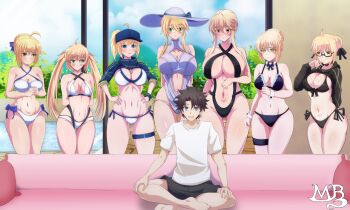 1boy 6+girls absurdres artist_request artoria_caster_(fate) artoria_caster_(swimsuit_berserker)_(first_ascension)_(fate) artoria_pendragon_(fate) artoria_pendragon_(lancer_alter)_(fate) artoria_pendragon_(swimsuit_archer)_(fate) artoria_pendragon_(swimsuit_archer)_(first_ascension)_(fate) artoria_pendragon_(swimsuit_ruler)_(fate) artoria_pendragon_(swimsuit_ruler)_(second_ascension)_(fate) beach_house black_hair blonde_hair breasts cleavage clone_harem commission couch dark_persona fate/grand_order fate_(series) fujimaru_ritsuka_(male) harem highres large_breasts maik_beelzebub meme multiple_girls multiple_persona mysterious_heroine_x_(fate) mysterious_heroine_xx_(fate) mysterious_heroine_xx_alter_(fate) nave piper_perri_surrounded_(meme) pool saber_alter saber_alter_(swimsuit_rider)_(second_ascension) swimsuit
