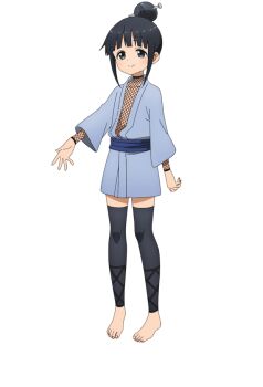 1girl anime_coloring barefoot black_eyes black_hair black_thighhighs blue_kimono blue_sash blush closed_mouth fishnet_sleeves fishnet_top fishnets flat_chest full_body hair_bun hair_ornament hair_stick japanese_clothes kimono kunoichi_tsubaki_no_mune_no_uchi looking_at_viewer mokuren_(kunoichi_tsubaki_no_mune_no_uchi) ninja obi official_art okuda_yousuke open_clothes open_hand open_kimono outstretched_arm sash short_hair short_kimono sidelocks simple_background single_hair_bun smile solo spread_fingers standing tachi-e tareme thighhighs transparent_background wide_sleeves