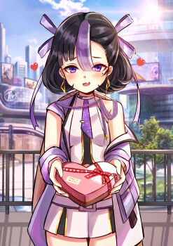 1girl absurdres billboard black_hair fang gift giving goddess_of_victory:_nikke heart highres holding holding_gift jimpu6 mole mole_under_eye multicolored_hair purple_eyes purple_hair railing ribbon shirt skin_fang skirt sleeveless sleeveless_shirt syuen_(nikke) tree valentine