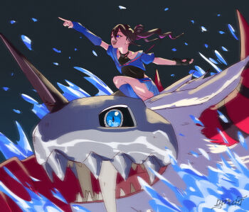 Rule 34 | 1girl, black leotard, blue eyes, blue jacket, blue skirt, brown hair, commentary, digimon, digimon (creature), digimon beatbreak, english commentary, fangs, highres, horns, jacket, leotard, marinchimairamon, multicolored hair, nimadj, pleated skirt, purple hair, riding, sakai honoka, sharp teeth, single horn, skirt, teeth, two-tone hair, water