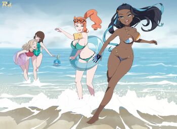 4girls absurdres armlet bare_shoulders barefoot beach bikini black_hair bouncing_breasts breasts curvy dark-skinned_female dark_skin day female_focus full_body gen_8_pokemon gloria_(pokemon) happy highres jewelry large_breasts lass_(pokemon) lass_(pokemon_swsh) long_hair looking_at_another medium_breasts multiple_girls nail_polish navel nessa_(pokemon) nintendo one-piece_swimsuit open_mouth outdoors pokemon pokemon_(creature) pokemon_swsh ponytail r3dfive running short_hair sky smile sobble sonia_(pokemon) standing stomach swimming swimsuit water
