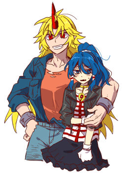 Rule 34 | 2girls, alternate costume, black skirt, blonde hair, blue eyes, blue hair, blue shirt, blush, commentary, gloves, grin, hair ornament, hair tubes, hand on own hip, height difference, horns, hoshiguma yuugi, long hair, long sleeves, miyadeguchi mizuchi, multiple girls, oni, open clothes, open mouth, open shirt, orange shirt, pointy ears, ponytail, prison clothes, re ghotion, red eyes, red horns, shirt, simple background, single horn, skirt, skull hair ornament, smile, striped clothes, striped shirt, touhou, untranslatable commentary, white background, white gloves