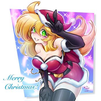 1girl bare_shoulders blonde_hair blush blush_stickers breasts capelet christmas cleavage dark_magician_girl dress duel_monster fur-trimmed_capelet fur-trimmed_dress fur-trimmed_gloves fur-trimmed_headwear fur_trim gloves green_eyes hair_between_eyes hat highres krausarts large_breasts long_hair looking_at_viewer merry_christmas open_mouth red_capelet red_dress red_hat santa_costume santa_dress santa_hat skirt smile solo yu-gi-oh!