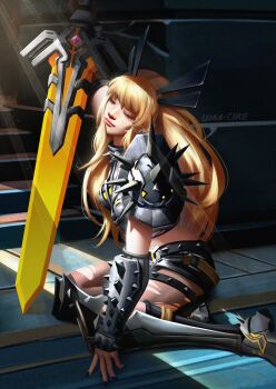 1girl armor black_armor black_boots black_nails black_pantyhose black_shorts blonde_hair boots closed_eyes commentary freckles highres holding holding_sword holding_weapon leira_cire long_hair magik_(x-men) marvel marvel_rivals pantyhose pauldrons planted planted_sword planted_weapon shorts shoulder_armor single_pauldron sitting solo spiked_pauldrons spikes sunlight sword torn_clothes torn_pantyhose weapon x-men