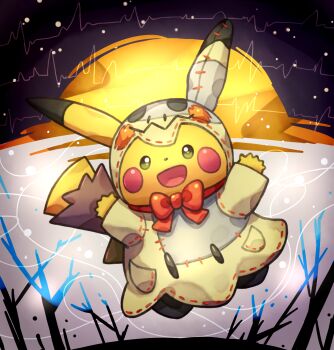 arms_up bare_tree bow bright_pupils cellphone clothed_pokemon commentary_request cosplay gen_1_pokemon gen_7_pokemon highres iphone mimikyu mimikyu_(cosplay) moon night nintendo no_humans open_mouth patchwork_clothes phone pikachu pokemon pokemon_(creature) red_bow smartphone tree white_pupils yanedx