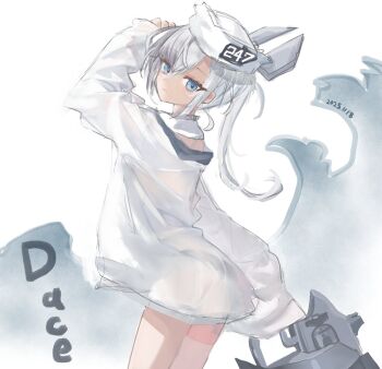 1girl character_name dace_(kancolle) daizeroyuugekibutai dixie_cup_hat from_behind grey_eyes grey_hair gun hat headgear highres kantai_collection looking_at_viewer looking_back military_hat shirt side_ponytail sleeves_past_fingers sleeves_past_wrists solo weapon white_hat white_shirt
