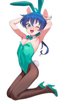 1boy absurdres animal_ears blue_eyes blue_hair bow bowtie detached_collar high_heels highres leotard lloyd_de_saloum male_focus one_eye_closed pantyhose playboy_bunny rabbit_ears rabbit_tail solo strapless strapless_leotard tail tensei_shitara_dai_nana_oji_datta_no_de:_kimama_ni_majutsu_o_kiwamemasu trap white_background wrist_cuffs yan.c