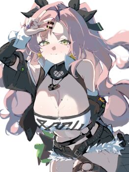 Rule 34 | 1girl, absurdres, arm behind back, bare shoulders, black ribbon, black shorts, breasts, cleavage, commentary request, cowboy shot, crop top, fur-trimmed shorts, fur trim, green eyes, hair ornament, hair ribbon, hairclip, highres, large breasts, leaning forward, long hair, looking at viewer, mochi upamo, mole, mole on breast, mole under eye, nicole demara, partial commentary, pink hair, ribbon, shorts, simple background, smile, solo, sweat, two side up, w, white background, zenless zone zero