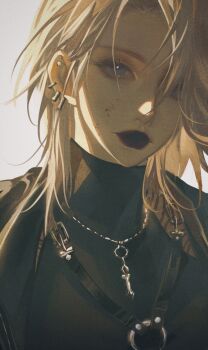 1girl absurdres belt belt_buckle black_belt black_jacket black_lips black_shirt blood blood_on_face blue_eyes buckle chest_belt chinese_commentary closed_mouth commentary_request cross cross_necklace ear_piercing earrings expressionless eyelashes grey_background hair_over_one_eye highres jacket jewelry jiaopiupiu lipstick long_hair makeup multiple_piercings necklace o-ring o-ring_belt open_clothes open_jacket open_mouth path_to_nowhere piercing shirt simple_background spike_piercing stud_earrings thick_eyebrows turtleneck turtleneck_shirt upper_body white_hair zoya_(path_to_nowhere)