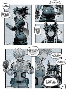 absurdres ass awkward bakudeku bakugou_katsuki blush boku_no_hero_academia clothing_swap curly_hair freckles highres huge_ass hyamotto midoriya_izuku nervous pectorals spiked_hair superhero_costume surprised swap yaoi