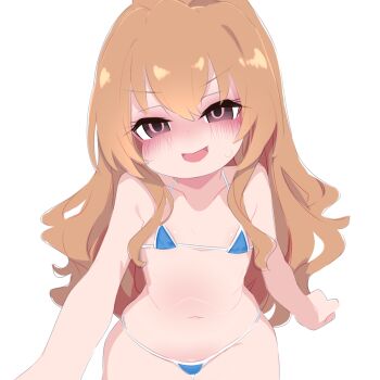 1girl aisaka_taiga bikini blush brown_hair female_focus flat_chest highres kukuchi581 loli long_hair looking_at_viewer micro_bikini navel simple_background smile solo stomach swimsuit thighs toradora! white_background