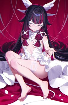 1girl absurdres barefoot black_hair blush bow bowtie closed_eyes closed_mouth columbina_(genshin_impact) commentary dress full_body genshin_impact hair_ornament hashtag-only_commentary highres long_hair multicolored_hair nahaki outstretched_arm purple_hair sitting solo toes very_long_hair white_bow white_bowtie white_dress wing_hair_ornament