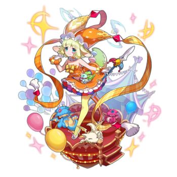 1girl animal_ears annelie_(dragalia_lost) asymmetrical_clothes asymmetrical_legwear balloon cygames dragalia_lost dragon full_body hat jester_cap looking_at_viewer nintendo non-web_source official_art saitou_naoki semi-rimless_eyewear shine smile stuffed_toy sword tent transparent_background under-rim_eyewear uneven_legwear weapon