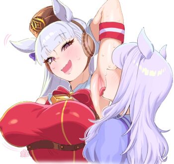 Rule 34 | 2girls, animal ears, arm behind head, armband, armpit focus, armpits, bakushin o armpit gif (meme), blush, bow, breasts, brown hat, commentary, covered erect nipples, dress, ear bow, ear covers, english commentary, gold ship (red strife) (umamusume), gold ship (umamusume), hat, horse ears, horse girl, large breasts, licking, licking armpit, long hair, looking at another, mejiro mcqueen (umamusume), meme, multiple girls, open mouth, pankekes, pillbox hat, presenting armpit, purple bow, purple eyes, purple hair, red dress, school uniform, simple background, sleeveless, sleeveless dress, striped armband, striped clothes, sweat, tongue, tongue out, tracen school uniform, umamusume, upper body, white background, yuri