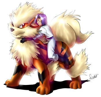 Rule 34 | 1boy, absurdres, arcanine, black footwear, black gloves, blue hair, boots, closed eyes, gen 1 pokemon, gloves, happy, highres, james (pokemon), mistressainley, nintendo, pokemon, pokemon (anime), pokemon (creature), team rocket, team rocket uniform, white background