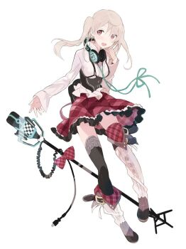 10s acquire ahoge akiba's_trip asymmetrical_clothes belt blonde_hair blush boots bow corset frills hat headphones kitada_mana long_hair microphone pigeon-toed plug red_eyes ribbon single_thighhigh skirt suspenders tanu thighhighs twintails zettai_ryouiki