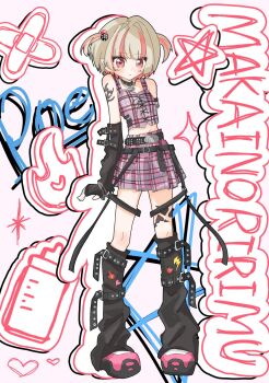 1girl :< arm_belt bare_shoulders belt belt_buckle black_arm_warmers black_belt black_collar black_leg_warmers black_straps blunt_bangs blush buckle chain chain_bracelet chain_necklace character_name collar colored_inner_hair crop_top cross-laced_clothes cross-laced_top ear_cuffs fingerless_gloves flame_print food_print fruit_print full_body gloves grey_hair hair_bobbles hair_intakes hair_ornament harness heart heart_print highres jewelry leg_belt leg_tattoo leg_warmers lightning_bolt_print loose_belt makaino_ririmu makaino_ririmu_(6th_costume) midriff miniskirt multicolored_hair multiple_belts navel necklace nijisanji no_headwear no_jacket o-ring o-ring_thigh_strap pendant pink_hair pink_shoes pink_skirt plaid_clothes plaid_skirt pleated_skirt pointy_ears red_eyes shoes short_hair shoulder_tattoo skirt sleeveless solo spiked_collar spikes standing strawberry_print streaked_hair studded_belt tattoo text_background thigh_strap two_side_up virtual_youtuber wakame392 white_background winged_heart winged_heart_tattoo wolf_cut zipper_top