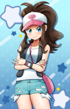 1girl absurdres bag baseball_cap between_breasts black_vest blue_background blue_eyes blue_shorts breasts brown_hair closed_mouth cowboy_shot crossed_arms denim denim_shorts handbag hat high_ponytail highres hilda_(pokemon) looking_at_viewer maho_(corotonton5150) nintendo pokemon pokemon_bw ponytail shirt short_shorts shorts sidelocks small_breasts smile solo star_(symbol) strap_between_breasts tank_top thighs vest watch white_shirt white_tank_top wide_ponytail wristband wristwatch