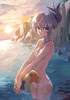 1girl ball bare_arms bare_shoulders beachball bikini blue_eyes blue_hair breasts cleavage cliff cloud cloudy_sky folded_ponytail highres holding holding_ball holding_beachball hololive hoshimachi_suisei long_hair lowleg lowleg_bikini outdoors parted_lips partially_submerged shimotsuki_shio side-tie_bikini_bottom sidelighting signature sky small_breasts solo string_bikini sun swimsuit virtual_youtuber water wet white_bikini