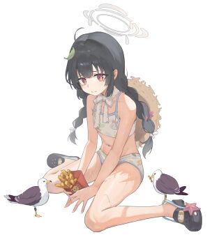 1girl absurdres ahoge bare_arms bare_legs bikini bird black_hair blue_archive blunt_bangs blunt_ends blush bow braid bright_pupils chinese_commentary closed_mouth commentary crocs crying crying_with_eyes_open flat_chest food french_fries frown full_body furrowed_brow grey_halo hair_bow hair_ornament halo hat hat_on_back highres hime_cut holding holding_food juwei_yaodai_mao leaf leaf_hair_ornament leaf_on_head leaf_print loli long_hair looking_at_viewer miyu_(blue_archive) miyu_(swimsuit)_(blue_archive) navel neck_ribbon official_alternate_costume official_alternate_hairstyle print_bikini red_eyes ribbon seagull sidelocks simple_background sitting solo split_mouth starfish stomach straw_hat swimsuit tearing_up tears thighs twin_braids twintails very_long_hair wariza wet white_background white_bikini white_bow white_pupils white_ribbon