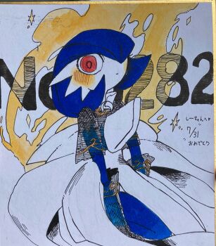 1girl arms_at_sides black_capelet black_gloves blue_hair blue_skin blush bob_cut capelet closed_mouth colored_skin dated expressionless female_focus full_body gardevoir gen_3_pokemon gloves hair_over_one_eye japanese_text kneeling looking_at_viewer multicolored_skin nintendo one_eye_covered partially_colored pokedex_number pokemon pokemon_(creature) powerpuff_(pixiv_60944739) red_eyes see-through_capelet see-through_clothes see-through_gloves seiza short_hair sitting solo text_background traditional_media translation_request two-tone_skin white_skin wide-eyed