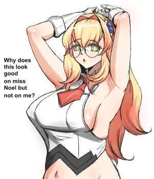1girl armpits arms_up aurostella blazblue blonde_pubic_hair breasts collared_shirt cosplay covered_erect_nipples elbow_gloves english_text glasses gloves green_eyes hair_between_eyes hair_intakes hair_ornament highres large_breasts long_hair midriff navel necktie no_bra noel_vermillion noel_vermillion_(cosplay) red_necktie round_eyewear shirt sideboob sidelocks sleeveless sleeveless_shirt solo trinity_glassfield white_background white_gloves white_shirt