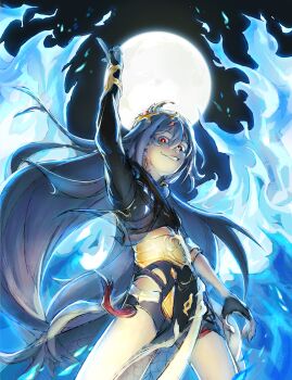 1girl absurdres asymmetrical_gloves black_gloves black_hair blue_fire chinese_clothes earrings eudaemonm fingerless_gloves fire full_moon gloves hair_ornament herrscher_of_sentience highres honkai_(series) honkai_impact_3rd index_finger_raised jewelry long_hair mismatched_gloves moon night night_sky outdoors red_eyes single_earring sky smile solo very_long_hair white_gloves