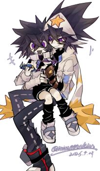 +++ 2boys age_comparison aged_down aotu_world asymmetrical_gloves bandana black_gloves black_hair black_pants black_shirt black_shoes black_shorts black_socks brown_gloves child chinese_commentary clone closed_mouth dated denim dual_persona fingerless_gloves full_body gloves hair_between_eyes headband highres holding holding_toy hood hood_down hooded_jacket invisible_chair jacket long_sleeves loose_socks madman_yyy male_focus multicolored_gloves multiple_boys open_mouth pants pointy_ears print_gloves print_headband purple_eyes ray_(aotu_world) shirt shoes short_hair short_sleeves shorts simple_background sitting sitting_on_lap sitting_on_person smile sneakers socks spiked_hair star_(symbol) star_print time_paradox toy turtleneck twitter_username white_background white_gloves white_headband white_jacket white_shoes