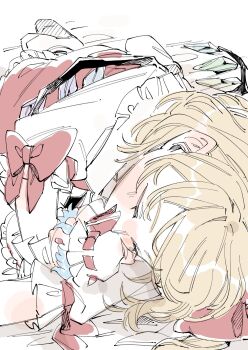 1girl blonde_hair character_doll commentary_request crystal crystal_wings doll flandre_scarlet hat highres laspberry. lying mob_cap multicolored_wings on_side red_skirt red_vest remilia_scarlet skirt skirt_set sleeping solo touhou vest white_hat wings