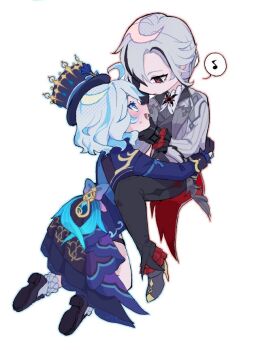 2girls ahoge arlecchino_(genshin_impact) back_bow black_eyes black_gloves black_hair black_pants black_shoes black_vest blue_bow blue_eyes blue_gemstone blue_hair blue_hat blue_jacket blush bow chibi chibi_only closed_mouth from_behind full_body furina_(genshin_impact) gem genshin_impact gloves grey_hair hair_between_eyes hair_ornament hand_on_another&#039;s_chin hand_up hat hat_bow hat_ornament high_heels jacket kiwiteamlp lapels long_hair long_sleeves looking_at_another low_ponytail multicolored_hair multiple_girls musical_note open_clothes open_jacket open_mouth pants ponytail red_pupils shirt shoes short_hair sidelocks simple_background sitting smile socks speech_bubble spoken_musical_note sweatdrop symbol-shaped_pupils thigh_strap two-tone_hair vest white_background white_hair white_jacket white_shirt white_socks x-shaped_pupils yuri