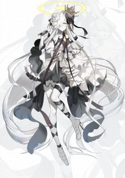 Rule 34 | 1girl, absurdres, alternate costume, asymmetrical legwear, black bow, black ribbon, blue archive, bow, breasts, colored skin, commentary request, flower, full body, gloves, grid background, hair bow, hair flower, hair ornament, hair over one eye, halo, hand up, highres, holding, holding microphone, idol, idol clothes, konattang, layered skirt, leg ribbon, long hair, long ribbon, looking at viewer, malkuth (blue archive), microphone, parted lips, ribbon, skirt, small breasts, solo, symbol-shaped pupils, very long hair, white flower, white gloves, white hair, white skin, x-shaped pupils, yellow eyes, yellow halo, zoom layer