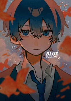 1boy azulao777 black_sweater blue_eyes blue_hair blue_necktie closed_mouth collared_shirt double-parted_bangs frown hair_between_eyes highres looking_to_the_side male_focus necktie open_collar original portrait sanpaku shirt short_hair sideways_glance solo sweater twitter_username white_shirt wing_collar